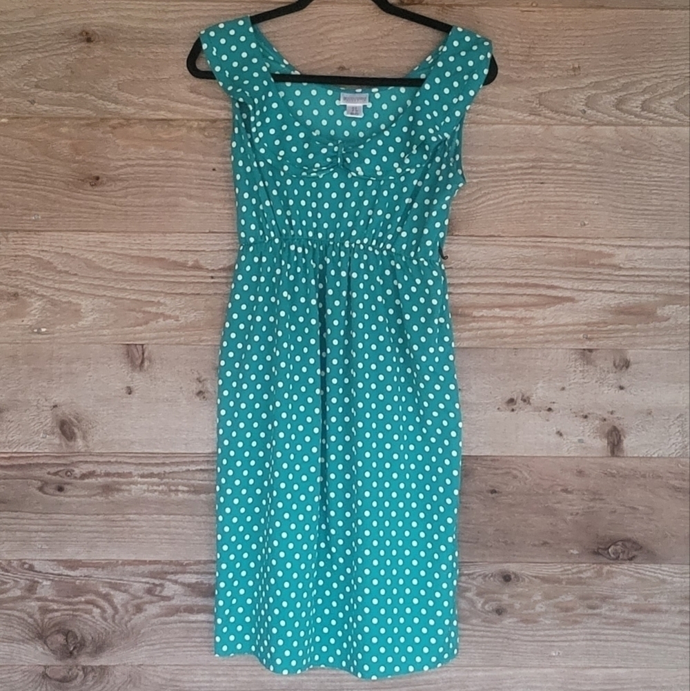 Motherhood Green Dress with White Polka Dots and Ruffle Neckline Size Small